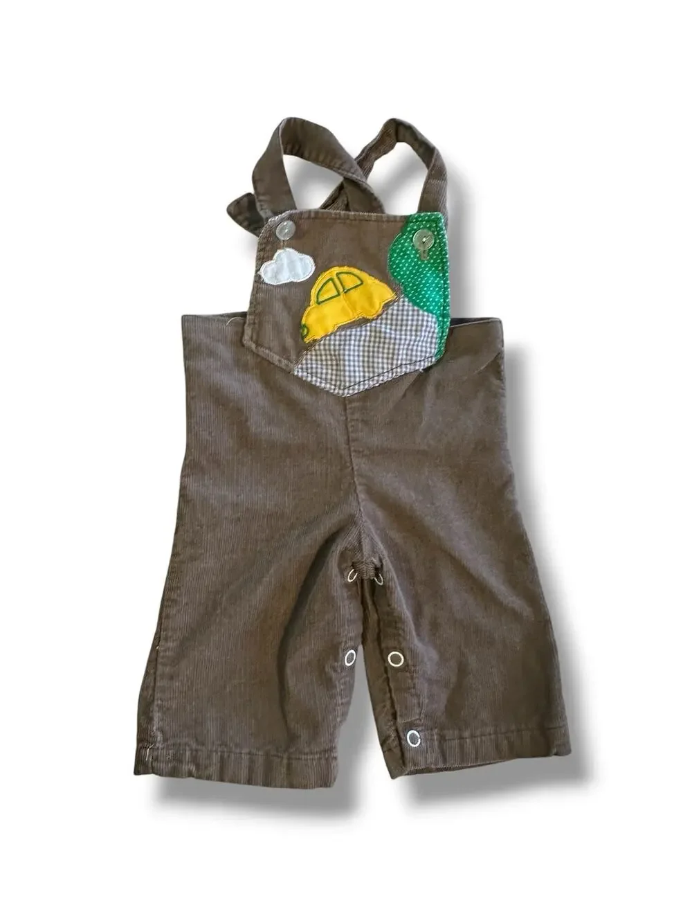 Vintage Baby Brown Corduroy Overalls Gingham Lined Snap Crotch 6-9 Months